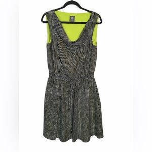14 Vince Camuto Cowl black white Dress Striped Pockets Neon Green pop color